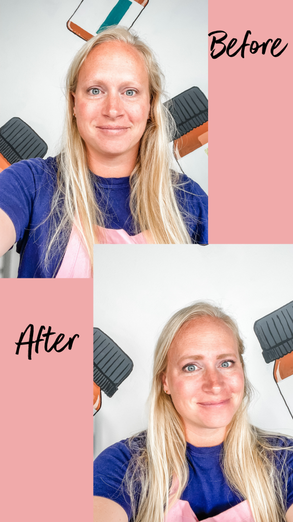 Person showing before and after picture showing application of DIY Makeup